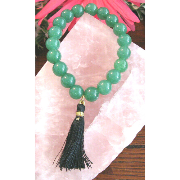 New Natural Green Aventurine Good Luck Beaded Cuff Bracelet w/ Tassel - Picture 1 of 5